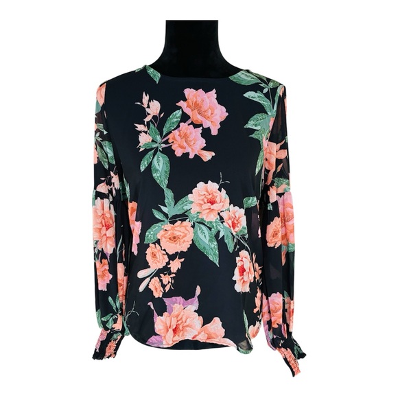VICI Boutique Dark Floral Semi Sheer Poet Drop Sleeve Blouse Top Medium - Picture 3 of 10